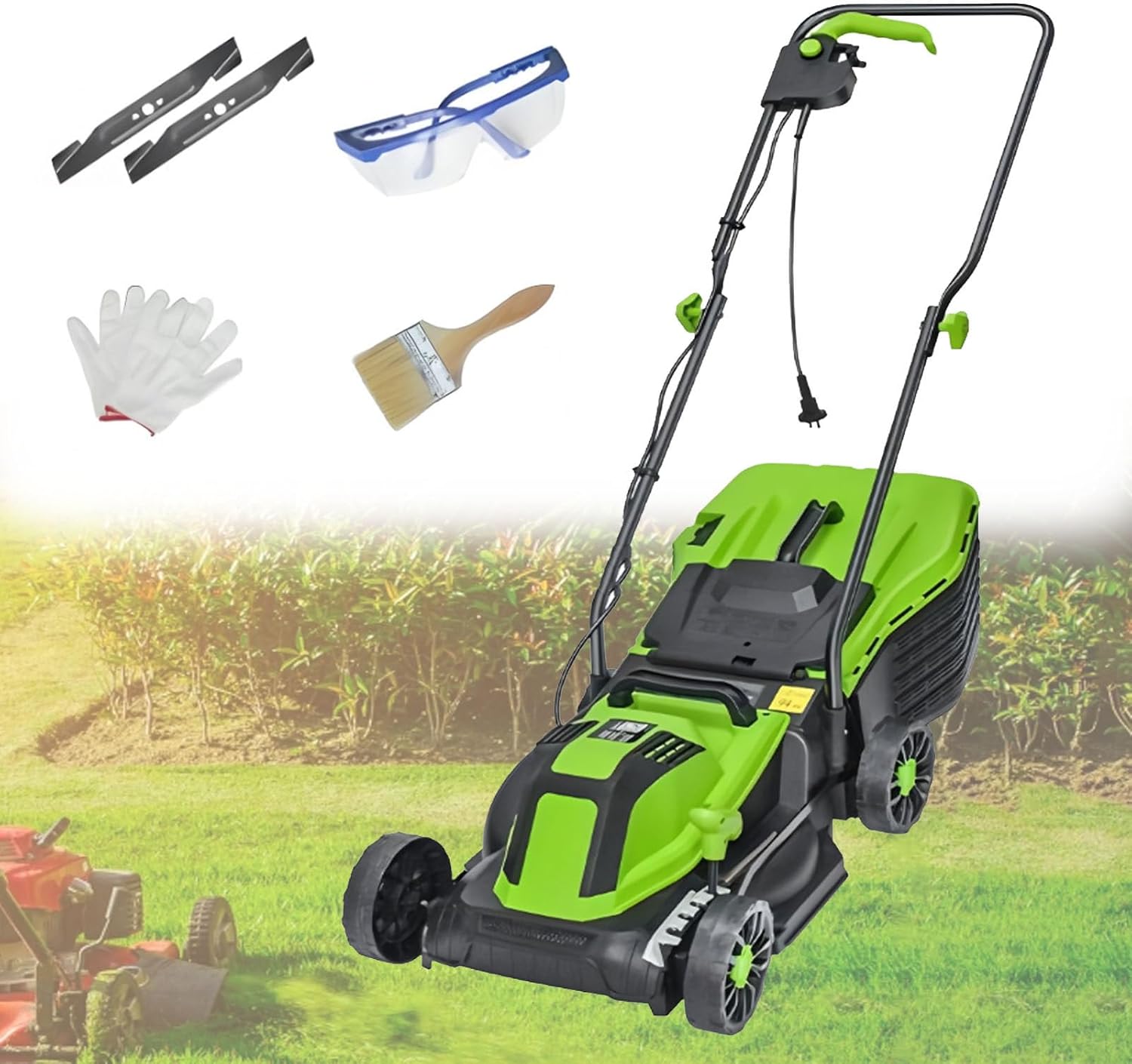 Push Lawn Mower, Corded Electric Dethatcher, with 45L Collection Bag, 5-Position Depth Adjustment, for Grass Garden Yard 2100W/32CM-Cord55M