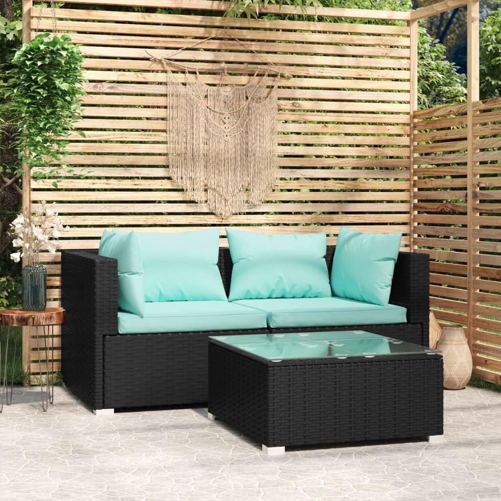Patio Set Patio Furniture Set 3 Piece with Cushions Black Poly Rattan
