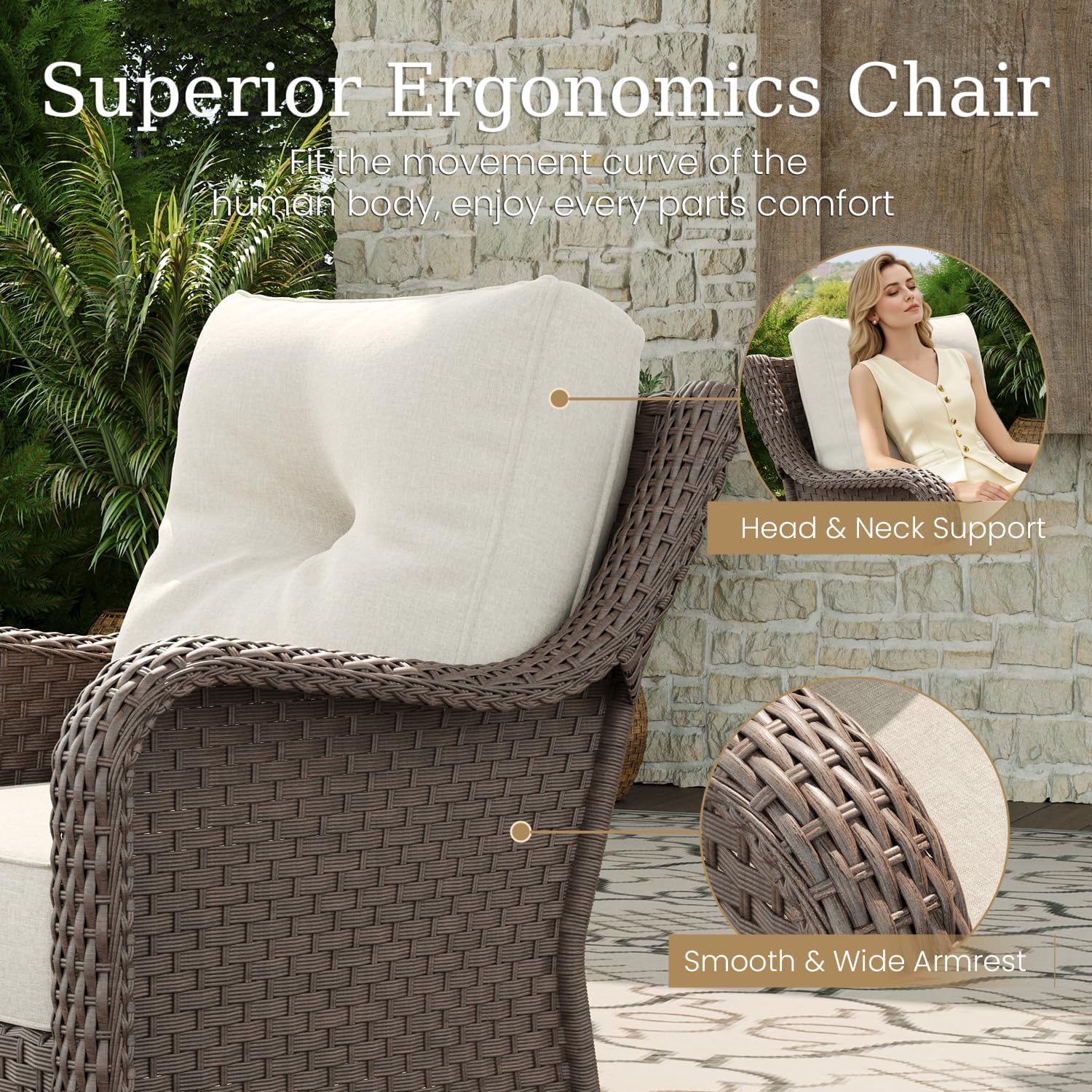 8 Piece Patio Furniture Set with Fire Pit Table, All-Weather Wicker Outdoor Conversation Set with Swivel Rocking Chair and 6 Inch Thick Cushions