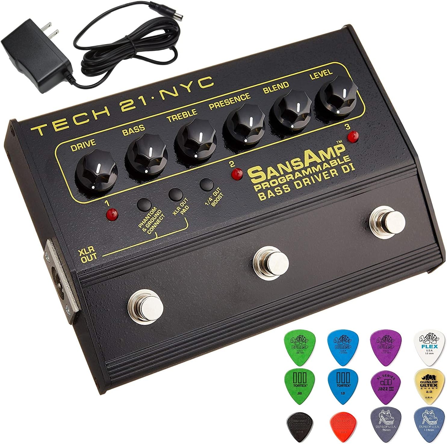 Tech 21 PBDR SansAmp Programmable Bass Driver DI Bundle with Power Supply and Dunlop Pick Pack