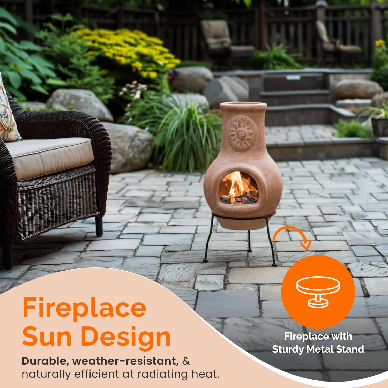 Outdoor Beige Clay Chiminea Outdoor Fireplace Sun Design Charcoal Burning Fire Pit with Sturdy Metal Stand, Barbecue, Cocktail Party, Family Gathering, Cozy Nights Fire Pit