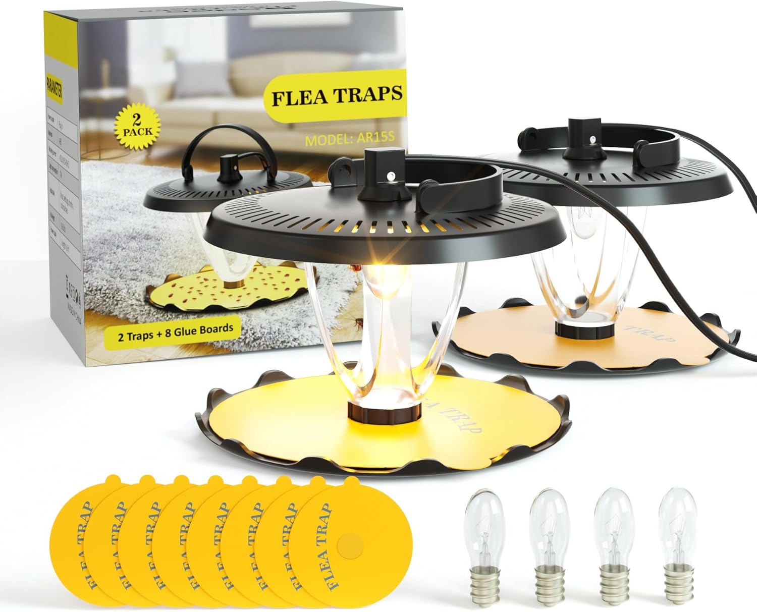2 Pack Flea Traps for Inside Your Home with 4 Replacement Light Bulbs and 8 Sticky Glue Boards, Odorless Flea Light Trap for Indoor (Black), AR15S