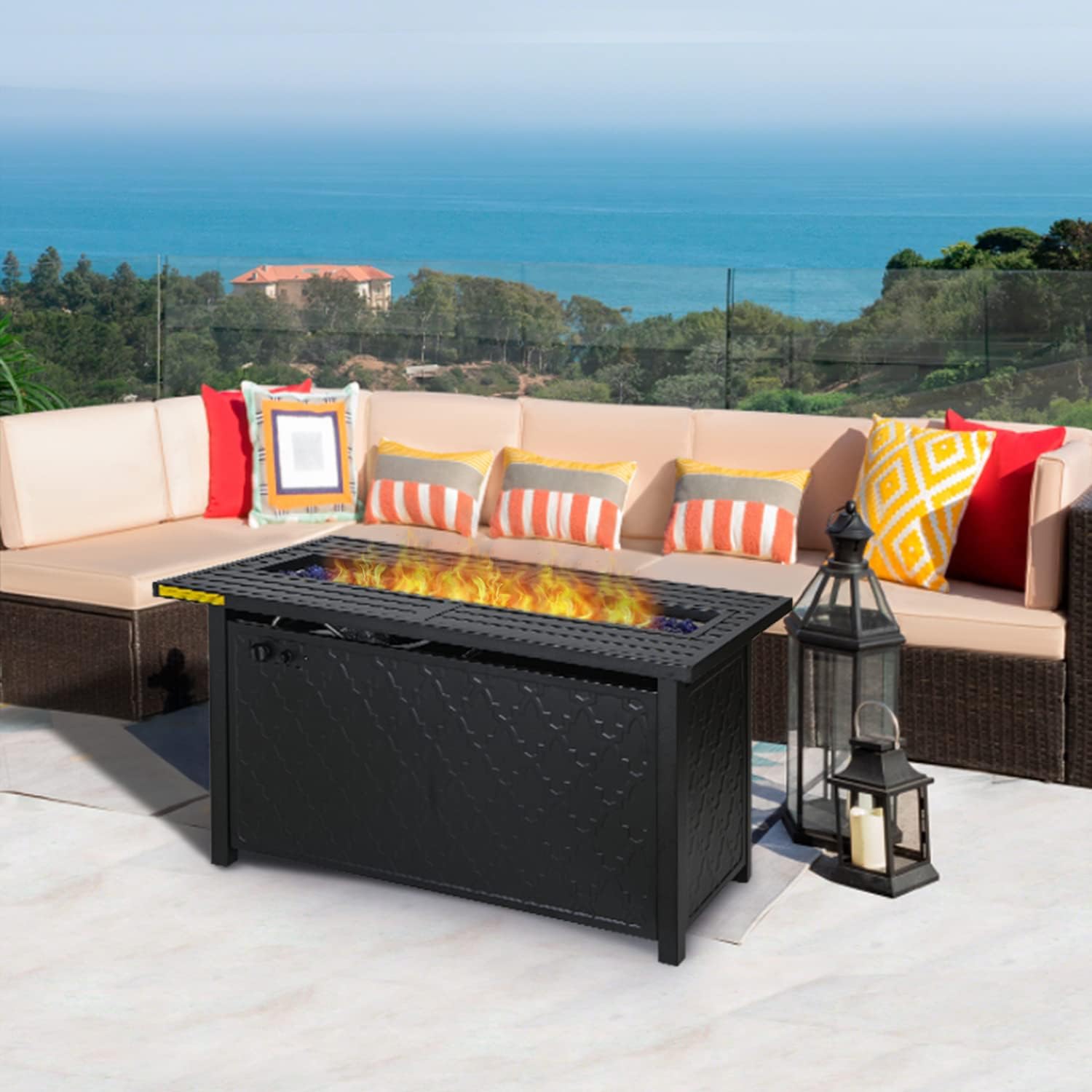 Gas Fire Pit Table 45 inch 50,000 BTU Square Outdoor Propane Fire Table Fireplace for Patio Garden Camping Outdoor Heating with Blue Fire Glass