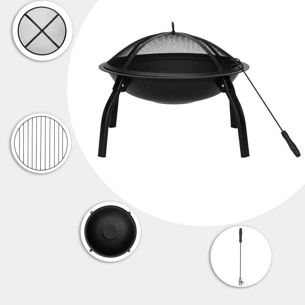 Outdoor Fire Pit Fireplace Portable Firepit Iron Brazier Wood Burning Coal Pit Fire Bowl Stove with Mesh Screen Lid Poker for Camping Patio Garden Backyard Beach Picnic (21.65