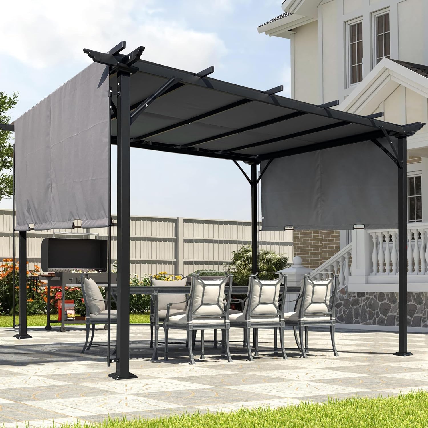 9.5 x 12 Ft Outdoor Pergola Patio Gazebo,Retractable Shade Canopy,Steel Frame Grape Gazebo,Sunshelter Pergola for Gardens,Terraces,Backyard-Grey