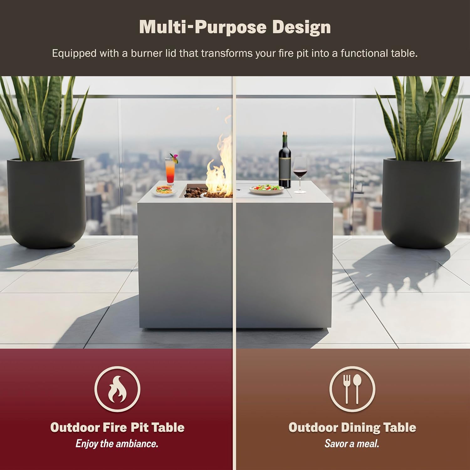 Kinger Home Kai 32-Inch Square Propane Fire Pit Table, Alloy Steel Outdoor Fire Pit with 50,000 BTUs, Certified, Includes a Burner lid, Lava Rocks and Weatherproof Cover