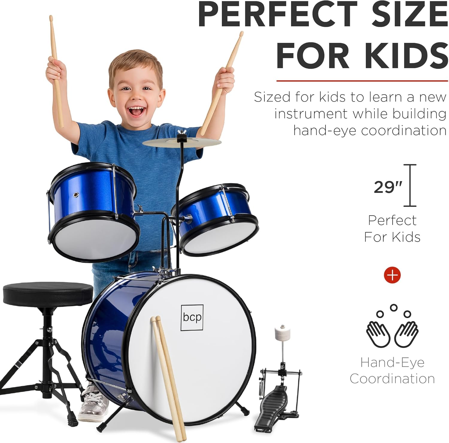 Best Choice Products 3-Piece Beginner Drum Set for Kids Juniors, w/Throne Stool, Cymbal, Drum Sticks, Bass Drum Pedal, 2 Toms - Blue