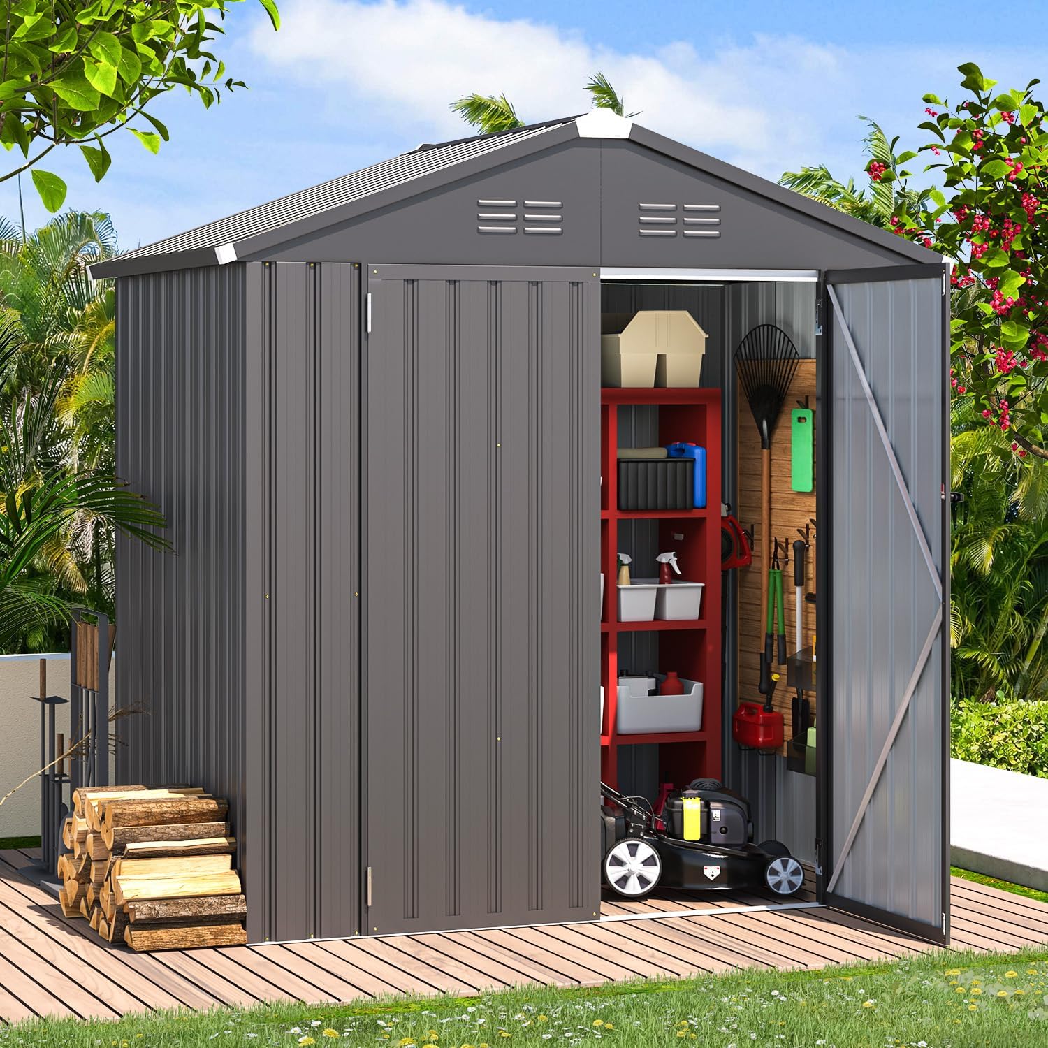 AECOJOY 6' x 4' Outdoor Storage Shed, Dark Grey 4x6 Metal Sheds & Outdoor Storage Clearance, Utility and Tool Garden Shed with Lockable Doors for Backyard, Patio, Outside Use