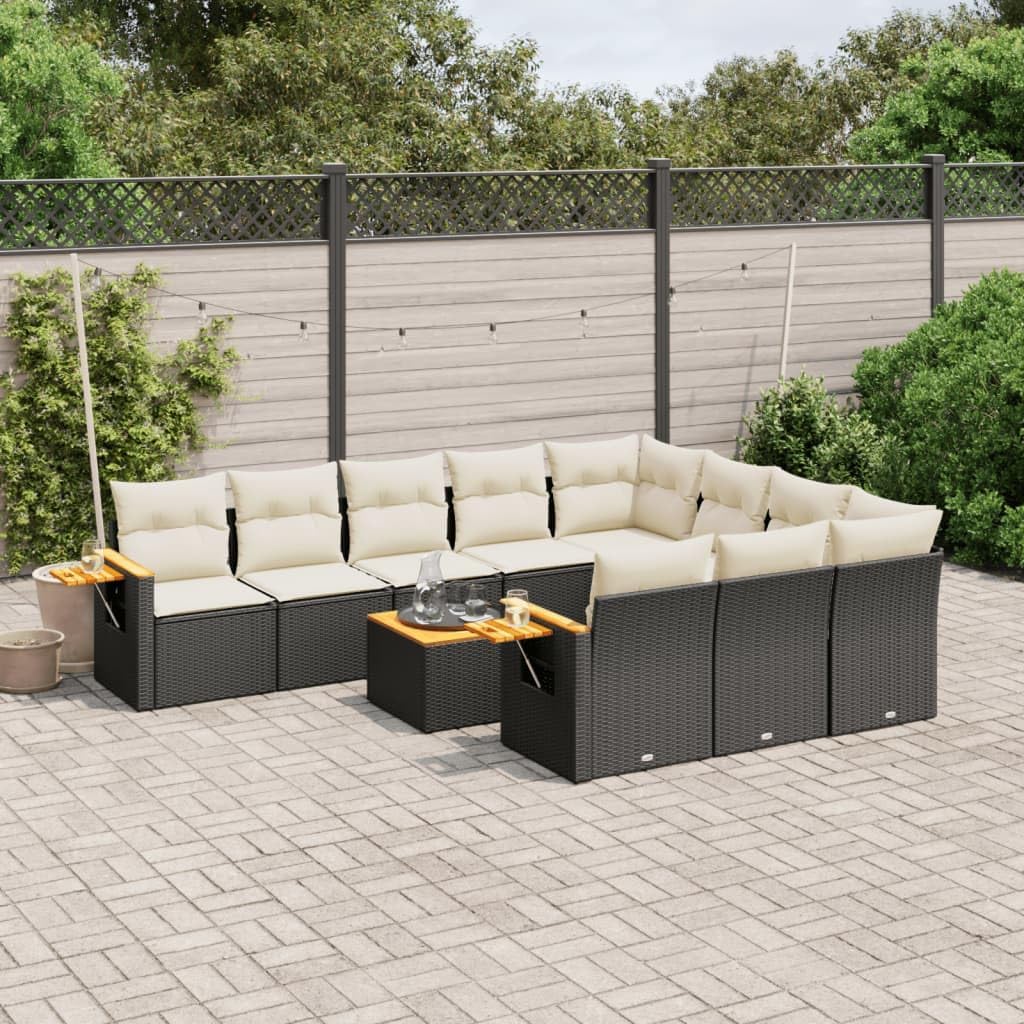 11 Piece Garden Sofa Set, Black and Cream White Synthetic Poly Rattan Outdoor Patio Furniture, Modular Sectional Seating with Weather-Resistant Cushions, Durable Frame for Balcony, Terrace