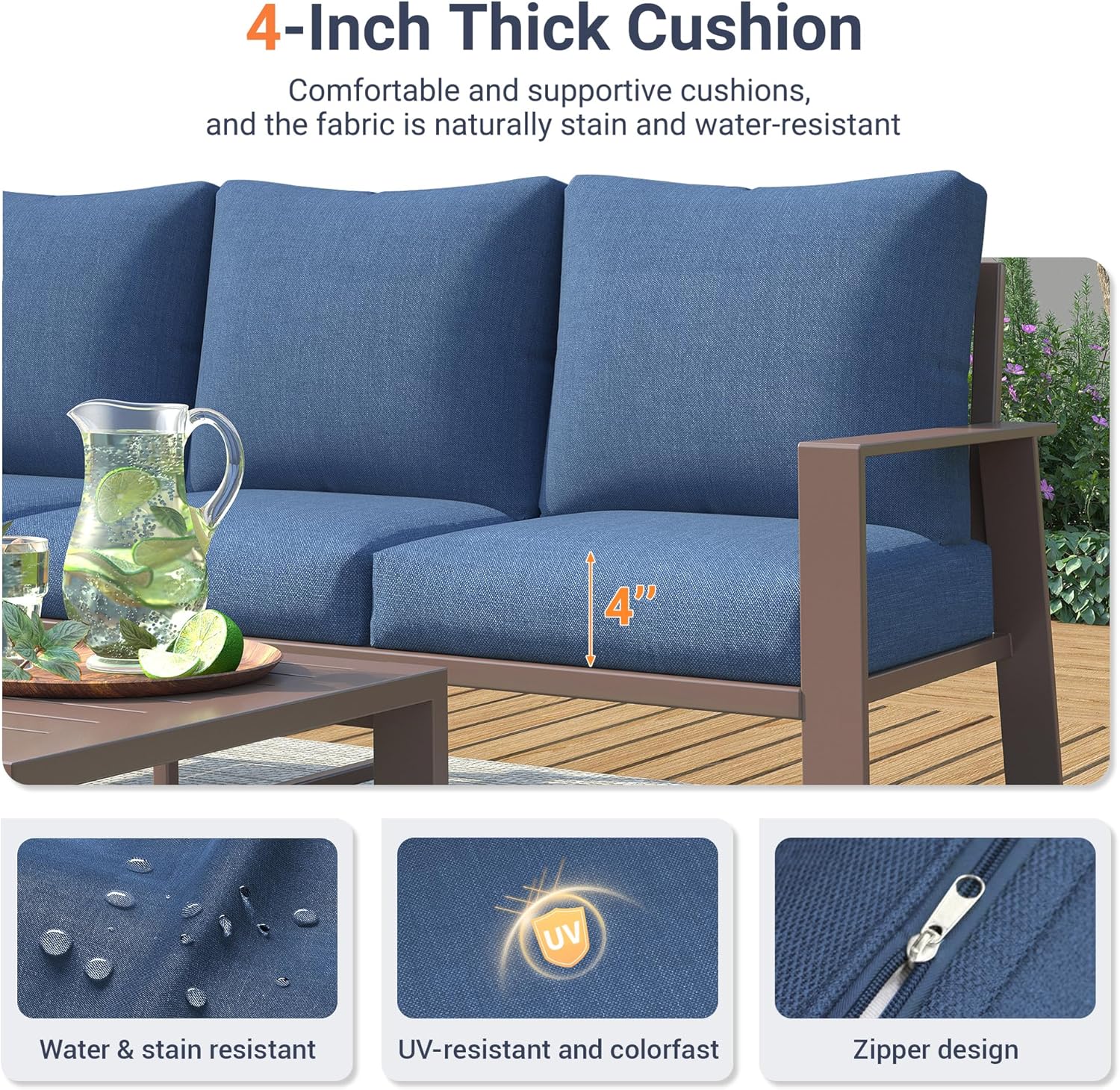 UDPATIO Patio Furniture Set with Fire Pit Table, 5-Seat Outdoor Aluminum Conversation Set, Modern Patio Sectional Furniture for Porch, Deck, Backyard, Navy