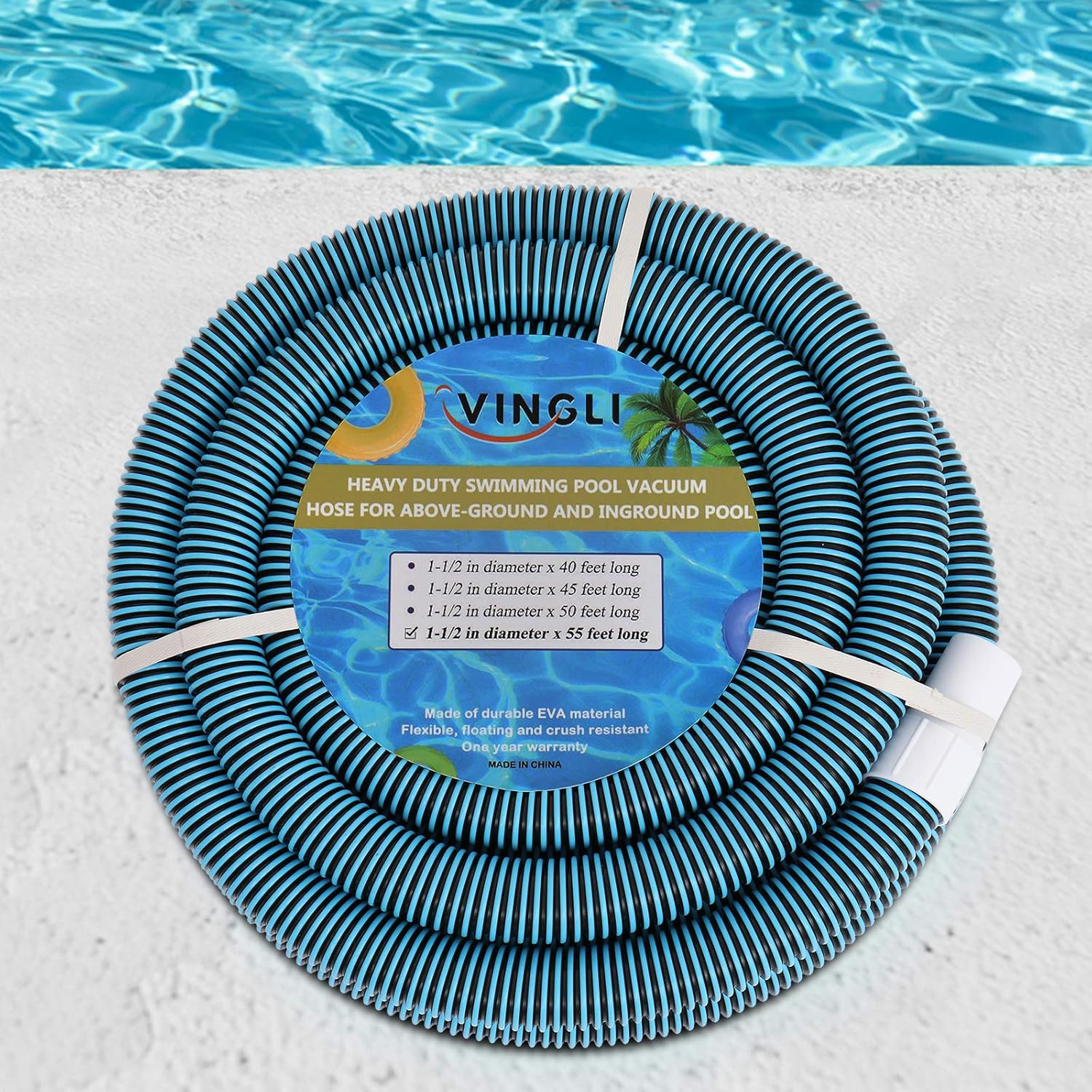 VINGLI In-Ground Swimming Pool Vacuum Hose 1-1/2-Inch x 55-Feet, Blue