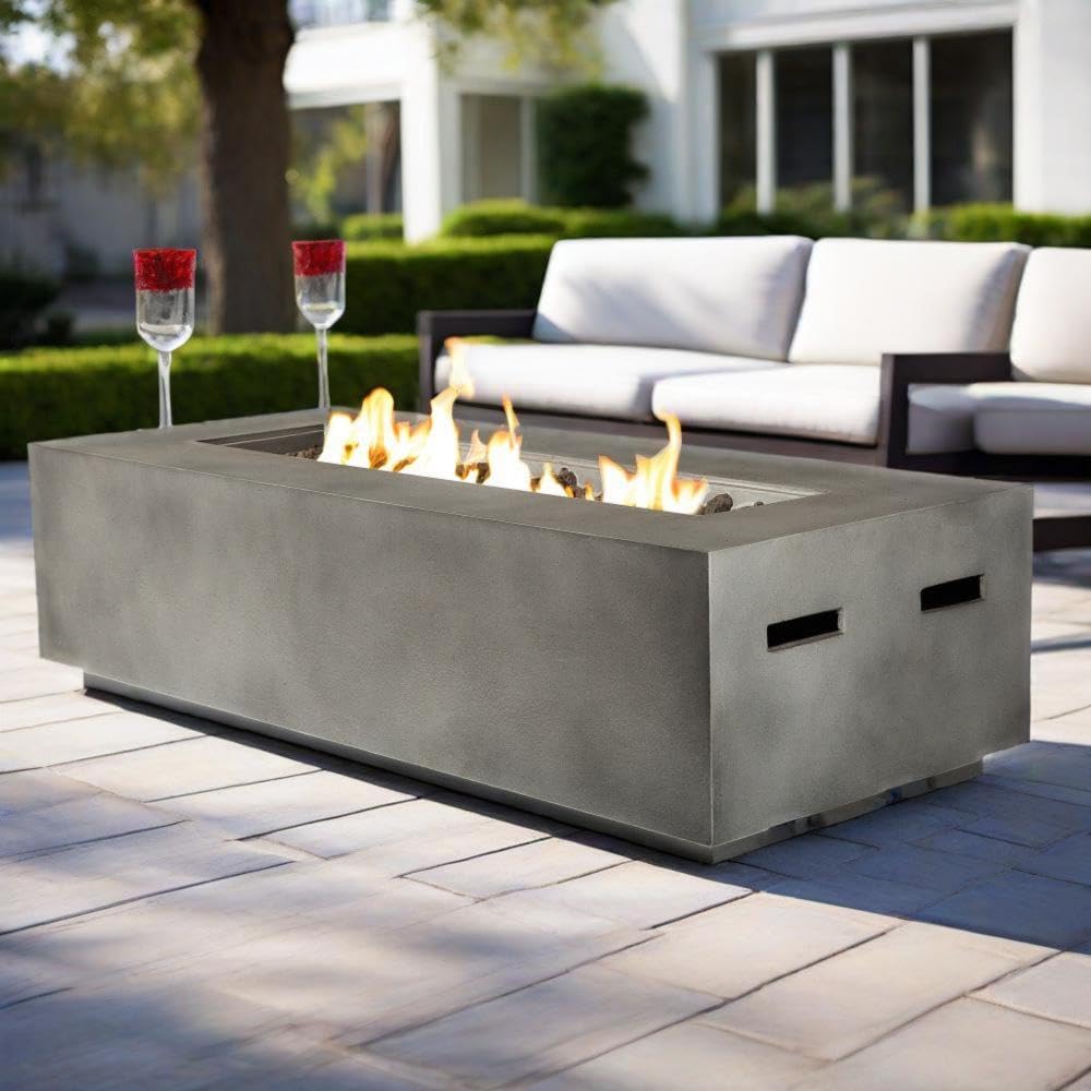 56 Inch Rectangular Propane Fire Pit Table for Outdoor Patio Deck Garden - Modern Dark Gray Concrete Design with 50,000 BTU Burner
