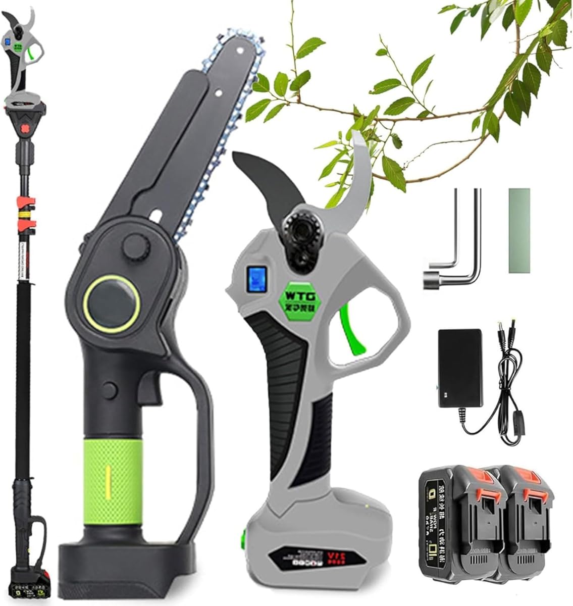 Pole Saw & Pruning Shears Combo Kit, 3-in-1 Cordless Pole Chainsaw with 2 Batteries,Cordless Secateurs with Extension Pole,Tree Trimmer Limb Branch Cutter Pruner,for Tree Trimming