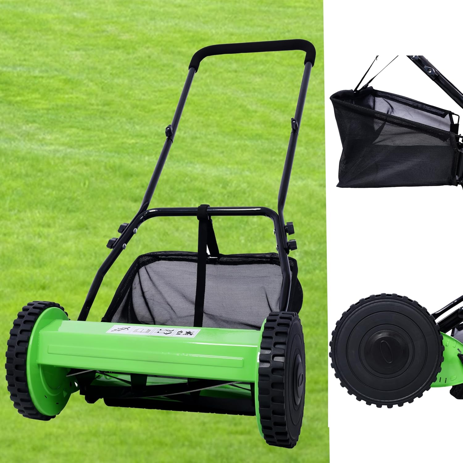 KEIKI 14-Inch Manual Lawn Mower, Push Reel Mowers w/Grass Catcher & Adjustable Cutting Height, 2-Wheels Small Lawnmower with 5 Steel Blades for Graden, Spaces Saving & Easy Assembly, Green