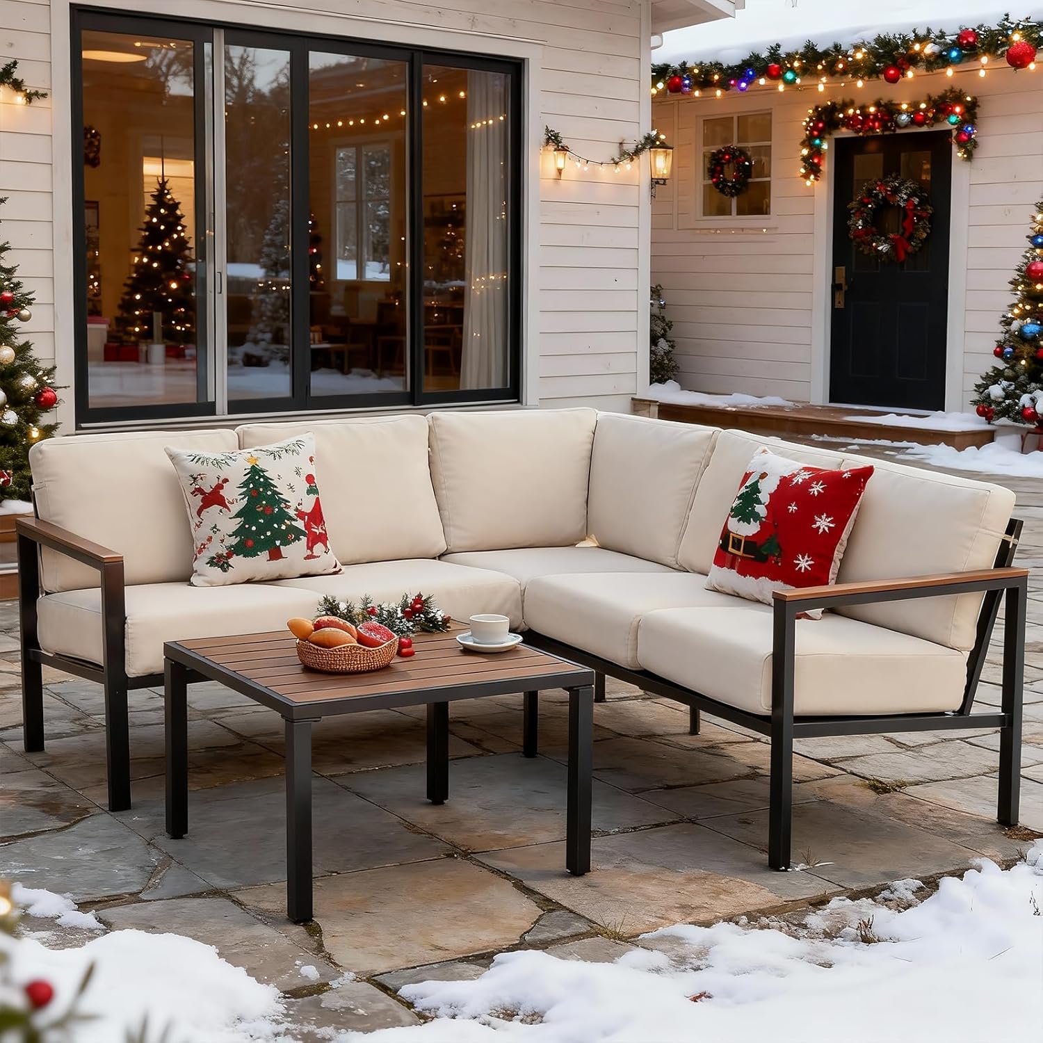 NATURAL EXPRESSIONS 6 Pieces Patio Furniture Set,Outdoor Couch Sofa with Thick Olefin Cushions,Fauxwood Armrest and Tabletop,Ergonomic Highback Frame,Outdoor Sectional Furniture for Backyard,Deck