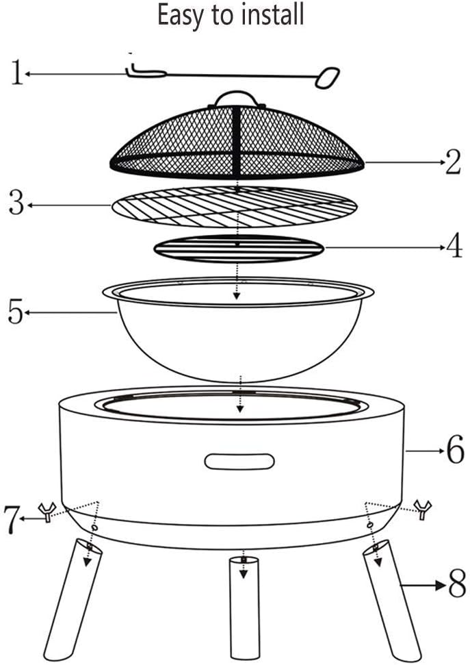 Garden Fire Pit Grill Bowl Grill Barbecue Rack Fire Pits for Garden,Large Wood Burning, with Grill and Lid Cast Iron Fire Bowl Cover 60Cm Camping Spark Guard Outdoor Firepit