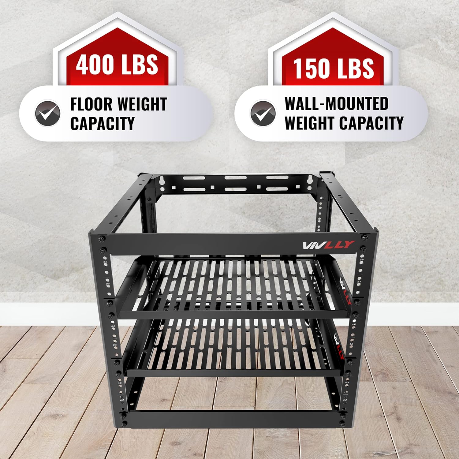 10U Server Rack Heavy Duty Open Frame Network Rack Mount 19 Inch - Wall Mount or Floor Standing IT Equipment Cabinet - 400lbs Capacity Networking Data Center Rack with 2 Vented Shelves - Vivlly