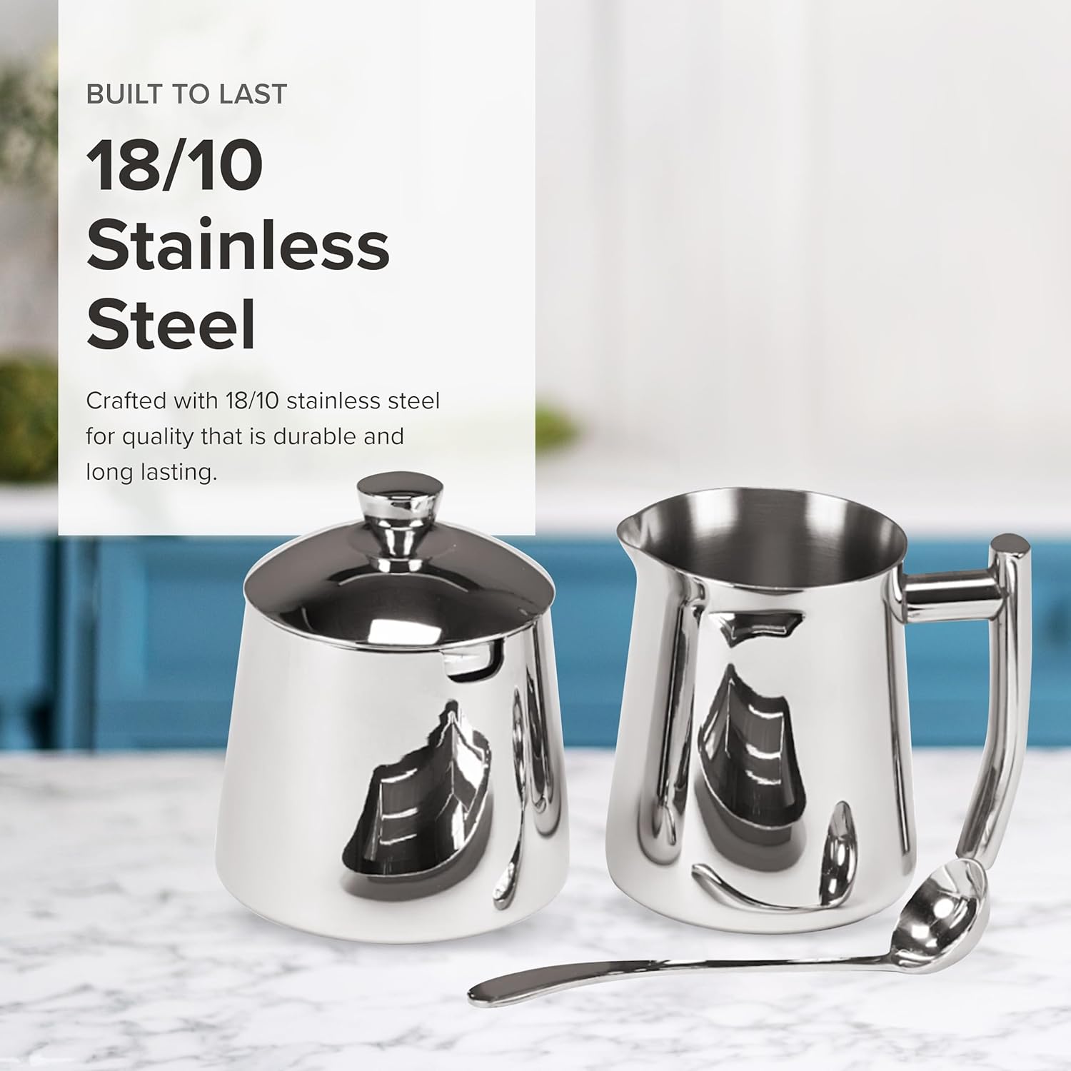 Frieling USA 18/10 Stainless Steel Sugar and Creamer Set - Coffee & Tea Accessories with 10 Oz Metal Creamer Pitcher & Sugar Bowl with Lid (Pack of 6)