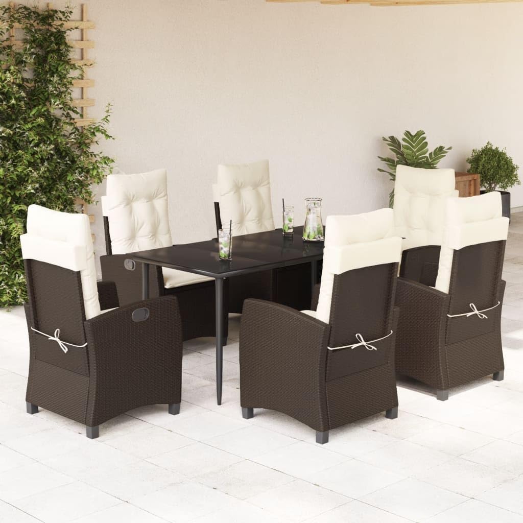 7 Piece Patio Dining Set with Cushions Brown Poly Rattan,Outdoor Rattan Dining Furniture Set with Adjustable Reclining Chairs for Patio and Garden Furniture Sets for Patio, Lawn & Garden