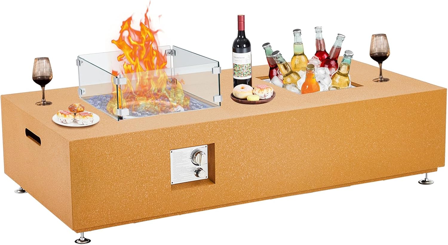 Low Propane Fire Table with Groove, 56'' Square Outdoor Fire Tables, 50000 BTU Natural Gas Fire Pit, Fire Table Outdoor Patio with Rain Cover/Windscreen and Glass Beads, Yellow