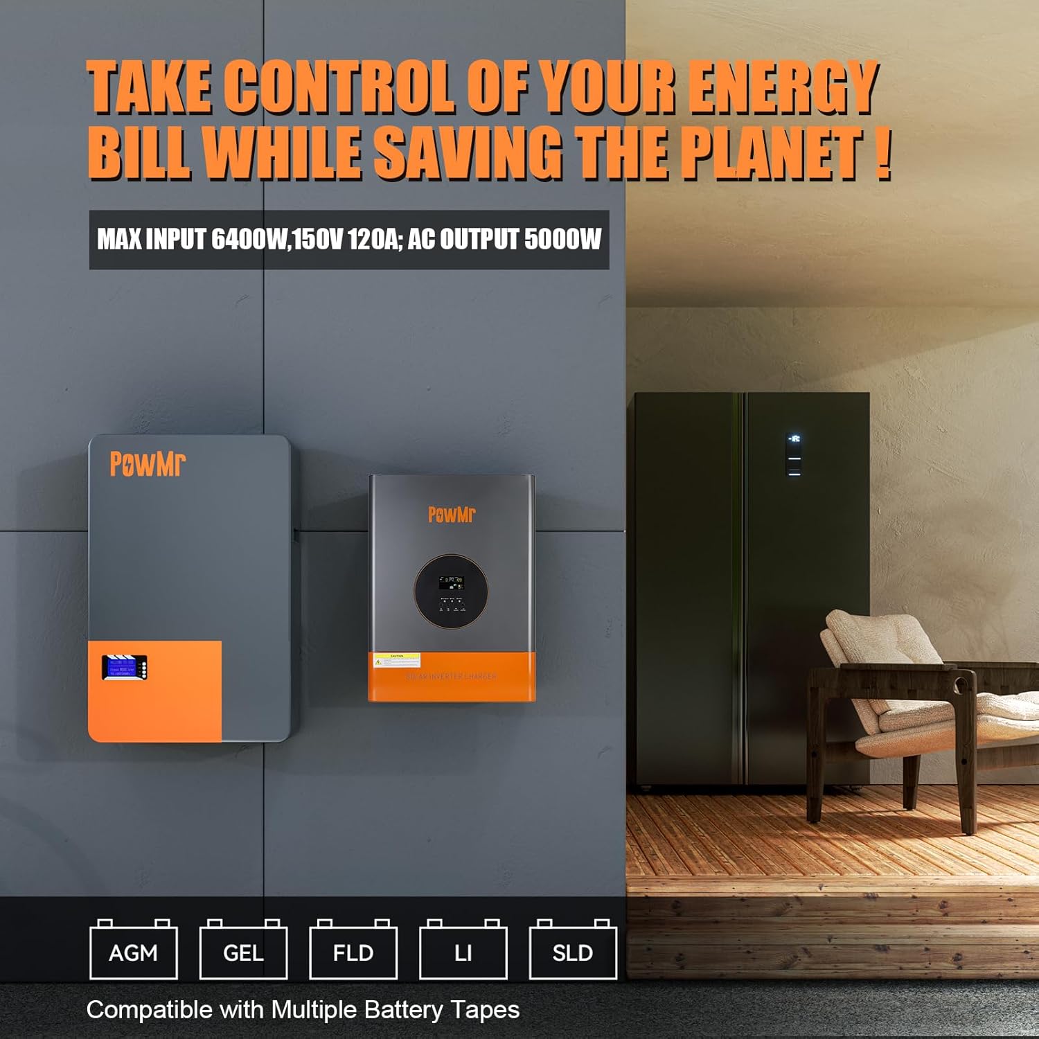 PowMr 5000W 48V Spilt-Phase Solar Inverter 120V/240V, Low-Frequency Inverter Built-in 120A MPPT Controller, Peak 15000W, fit for Lead-Acid Lithium Battery and Support Utility/Generator/Solar Charge