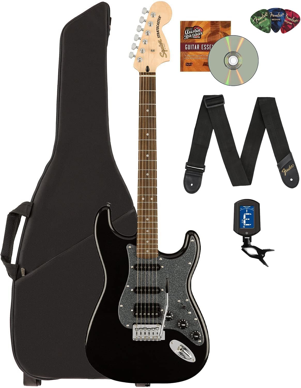 Fender Squier Affinity Stratocaster HSS Limited Edition - Metallic Black Bundle with Gig Bag, Tuner, Strap, Picks, and Austin Bazaar Instructional DVD