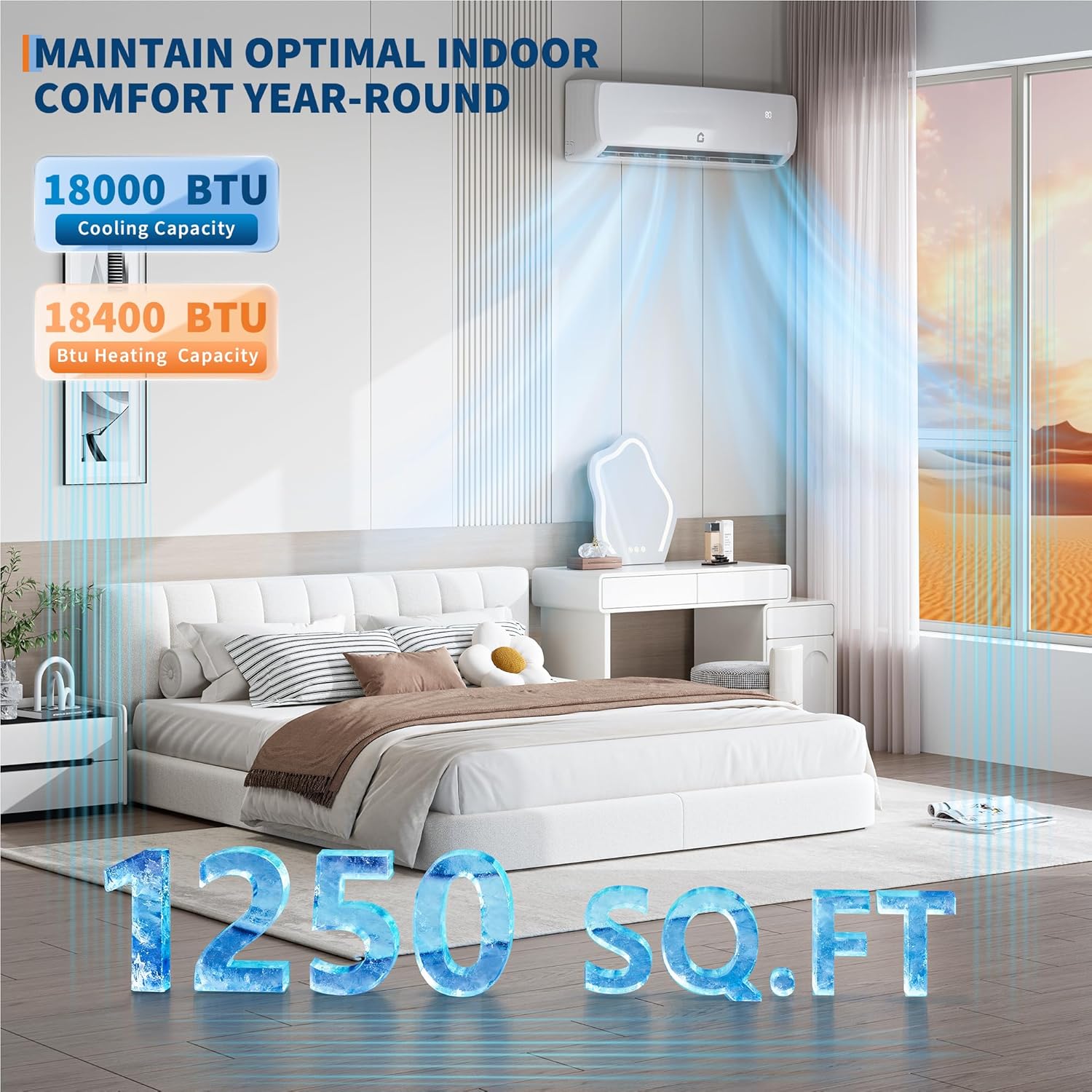 18000 BTU Mini Split Air Conditioner Heat Pump, 19 SEER2 208/230V Energy Efficient Inverter Ductless System Cools Up to 1250 Sq.Ft, Pre-Charged Condenser, Complete Installation Kit
