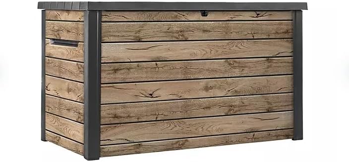 Stylish Indoor/Outdoor Storage Deck Box,Resin,Large Capacity, Weather-Resistant, Lockable lid and Side handles. (Rust Wood Brown, 230 Gallon)