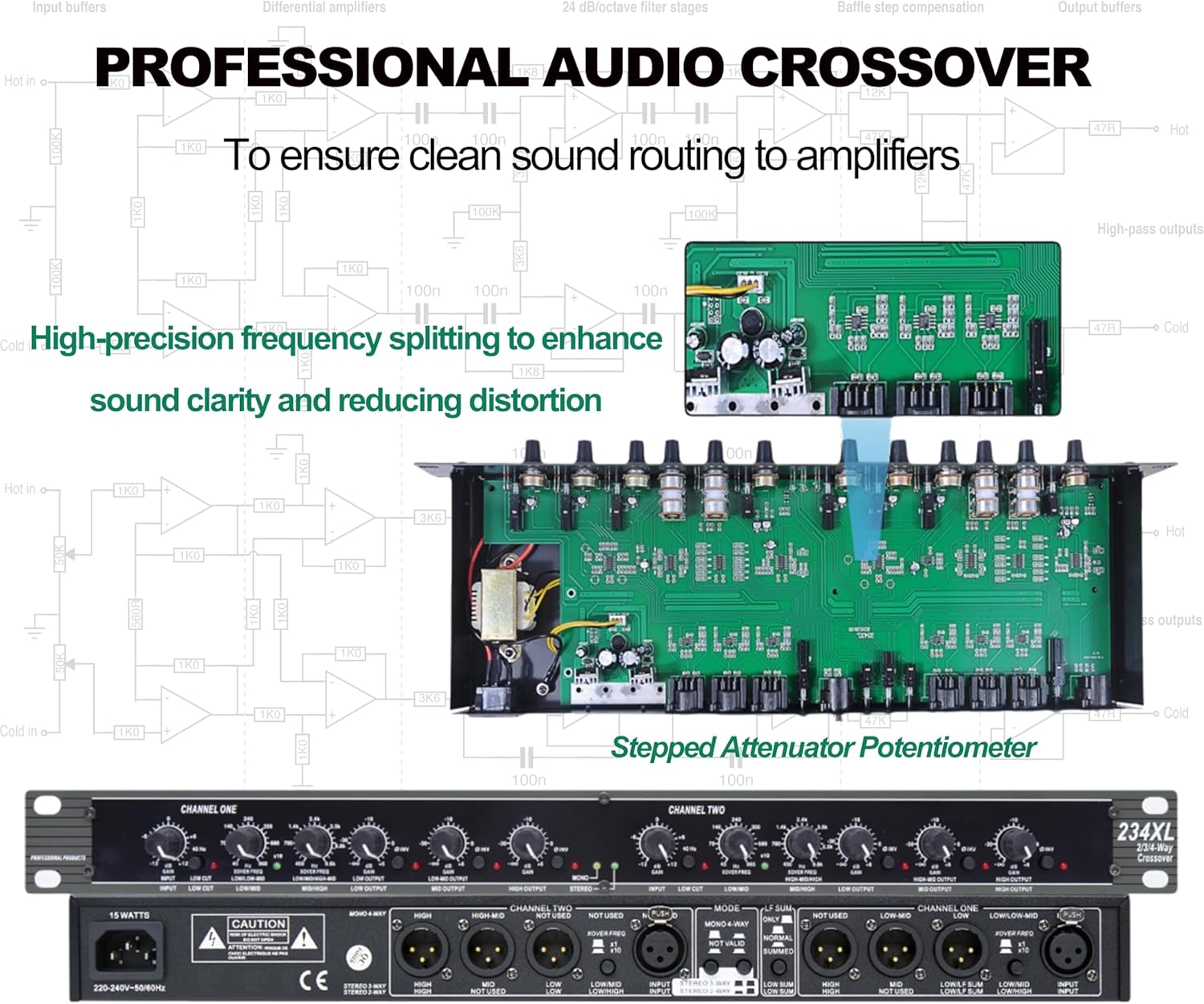 Professional Audio Crossover, 2-Way 3-Way Stereo 4 Way Mono Crossover Audio Sound Processing Crossover for PA System Stage Performance, XLR Input Output and Subwoofer (234XL)