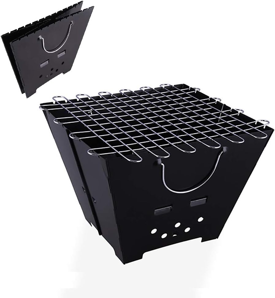 Outdoor Patio Fire Pit Heater Household Charcoal Burning Stove Portable Folding Brazier Black Bonfire Stove W/Stainless Steel Vertical BBQ Grill Mesh