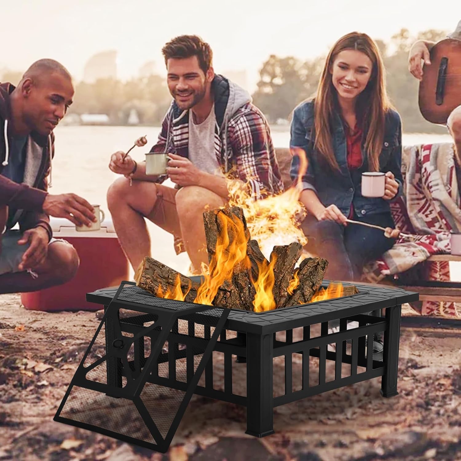 Bigacc Outdoor Fire Pit Wood 32in Square Metal BBQ Firepit Stove for Backyard Patio Garden Screen Bonfire Fire Pit with Outside Fireplaces Camping and Poker, Black