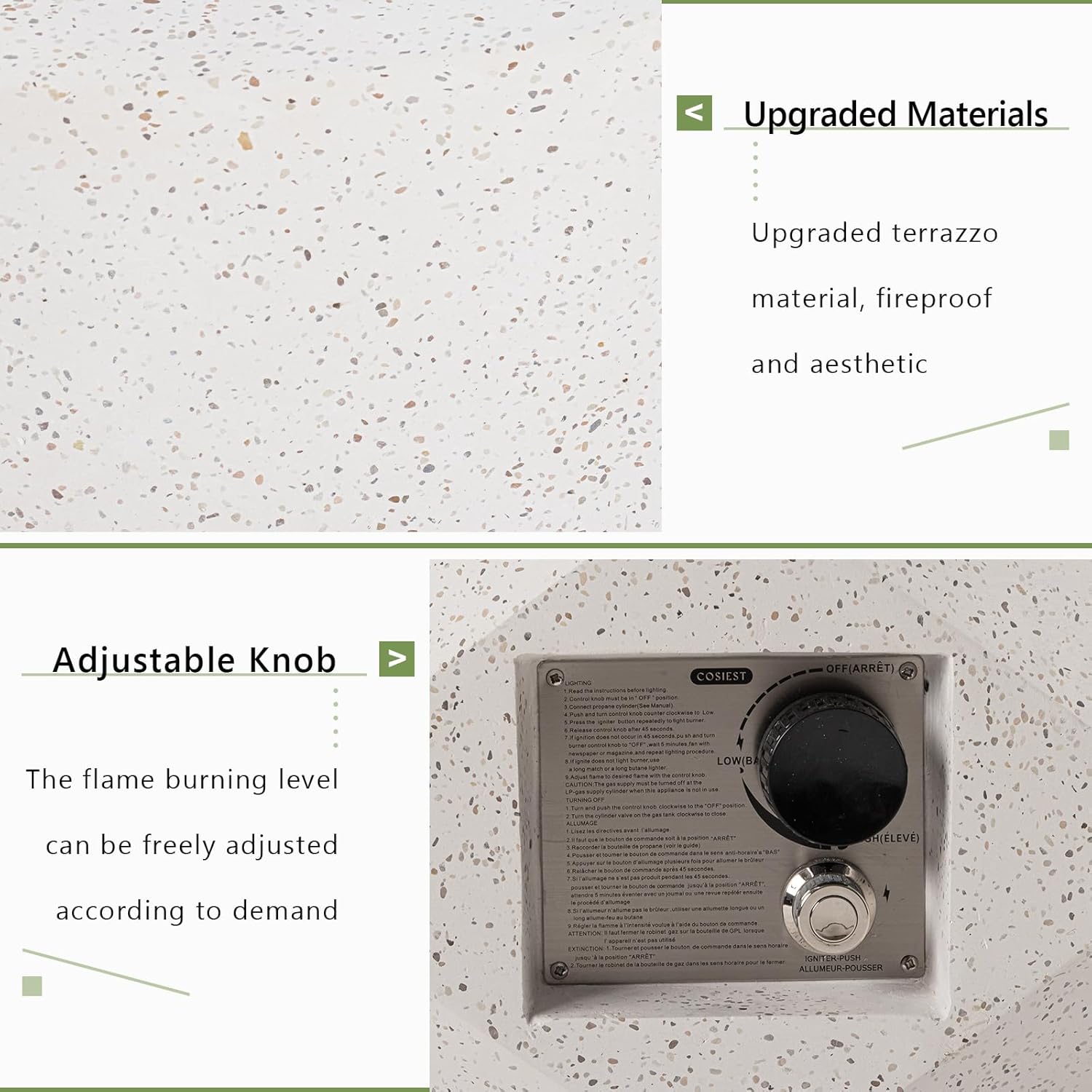 COSIEST 2-Piece Outdoor Propane Firepit Table Set w Tank Table, 24-inch Terrazzo White Hexagon Fire Table, Wind Guard and 16 inches Tank Side Table 20lb for Garden,Pool