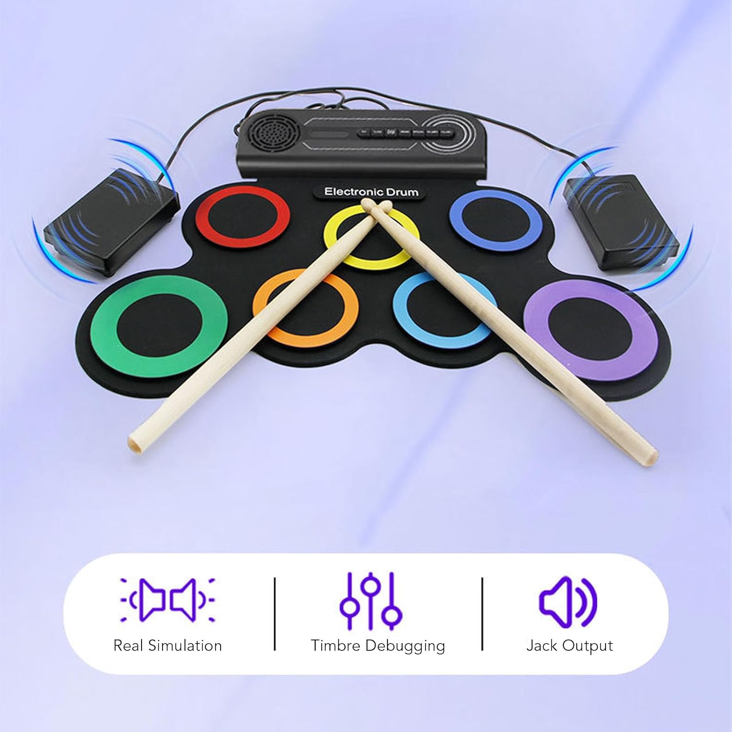 Jiawu Electronic Drum Set, 7 Pads Roll Up Electric Drum Pad Built in Speaker, Portable Drumming Practice Pad Machine with Pedals and Sticks, 10 Hours Playtime for Beginners