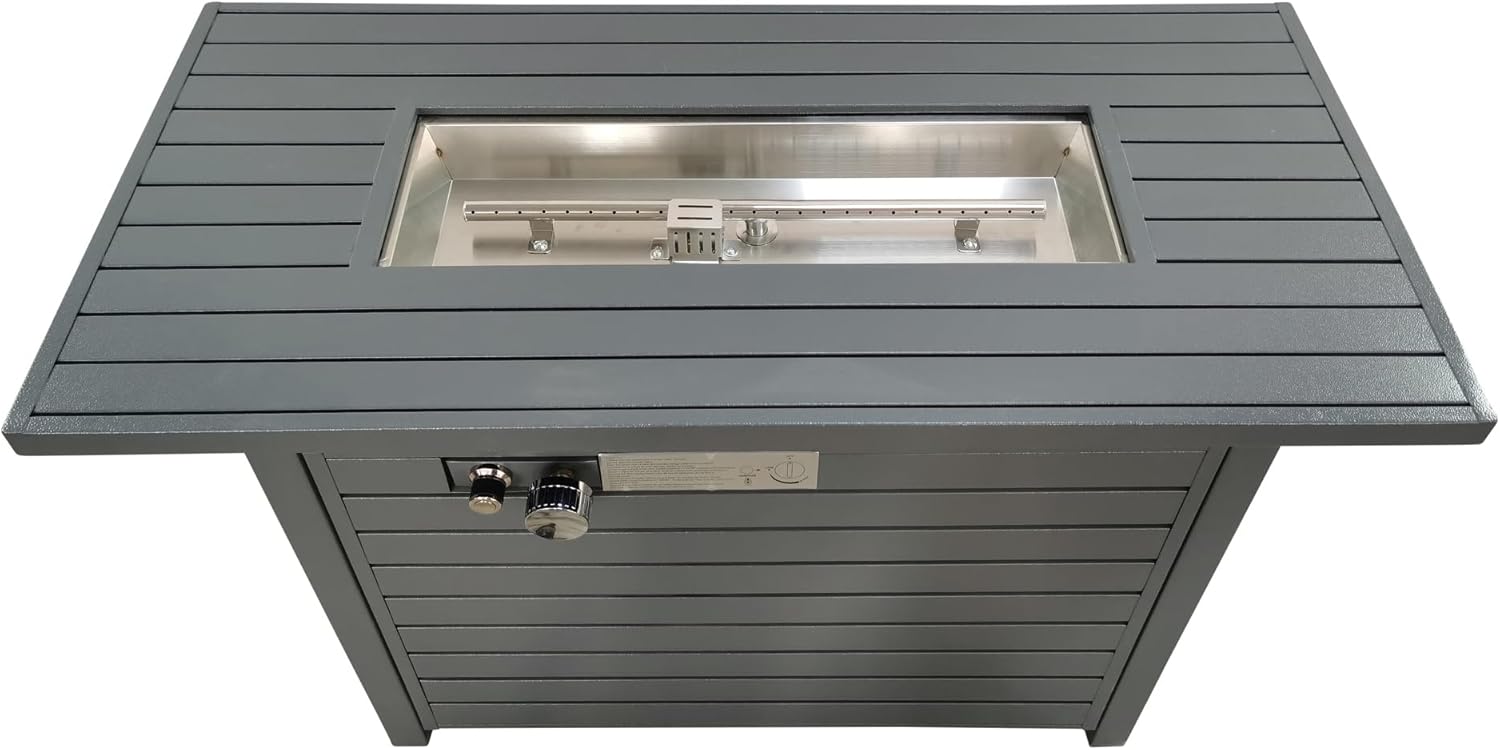Penau 25 Inch H x 42 Inch W Steel Propane Outdoor Fire Pit Table with Lid - Modern Grey Design, 50000 BTU, Adjustable Flame