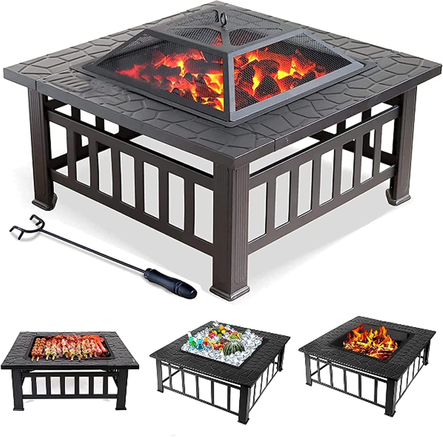 Large Outdoor Fire Pits, 32in Square Bonfire Firepit, Wood Burning Fireplace Stove w/Spark Cover Screen & Poker & Grill Grate, for Patio/Camping/Backyard/BBQ/Garden/Bonfire