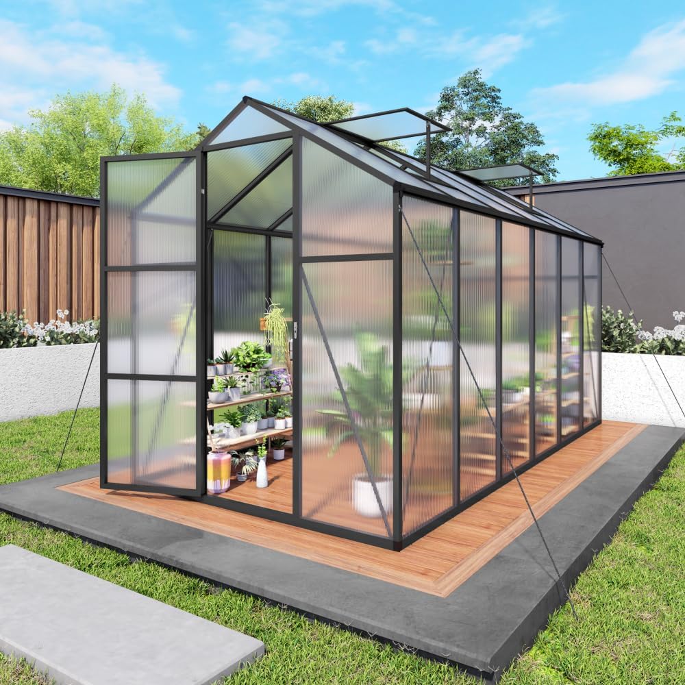 Aluminum Greenhouse with Polycarbonate Panels, Walk-in Garden Greenhouse with Vent Windows and Rain Gutters, Multiple (6x2FT+Black)