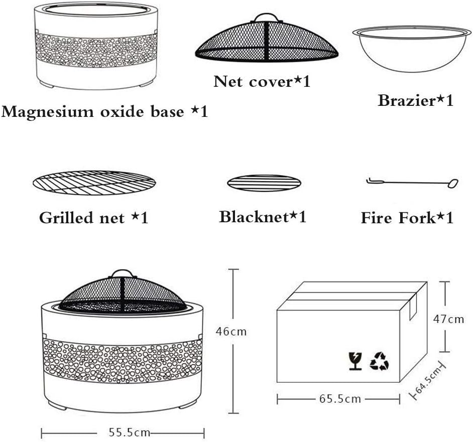 Outdoor Fire Pit 3 in 1 Large Fire Pit, with Grill, Outdoor Terrace with Artificial Stone Edging, Decoration, Lava, Bronze 55 x 46cm, Gray