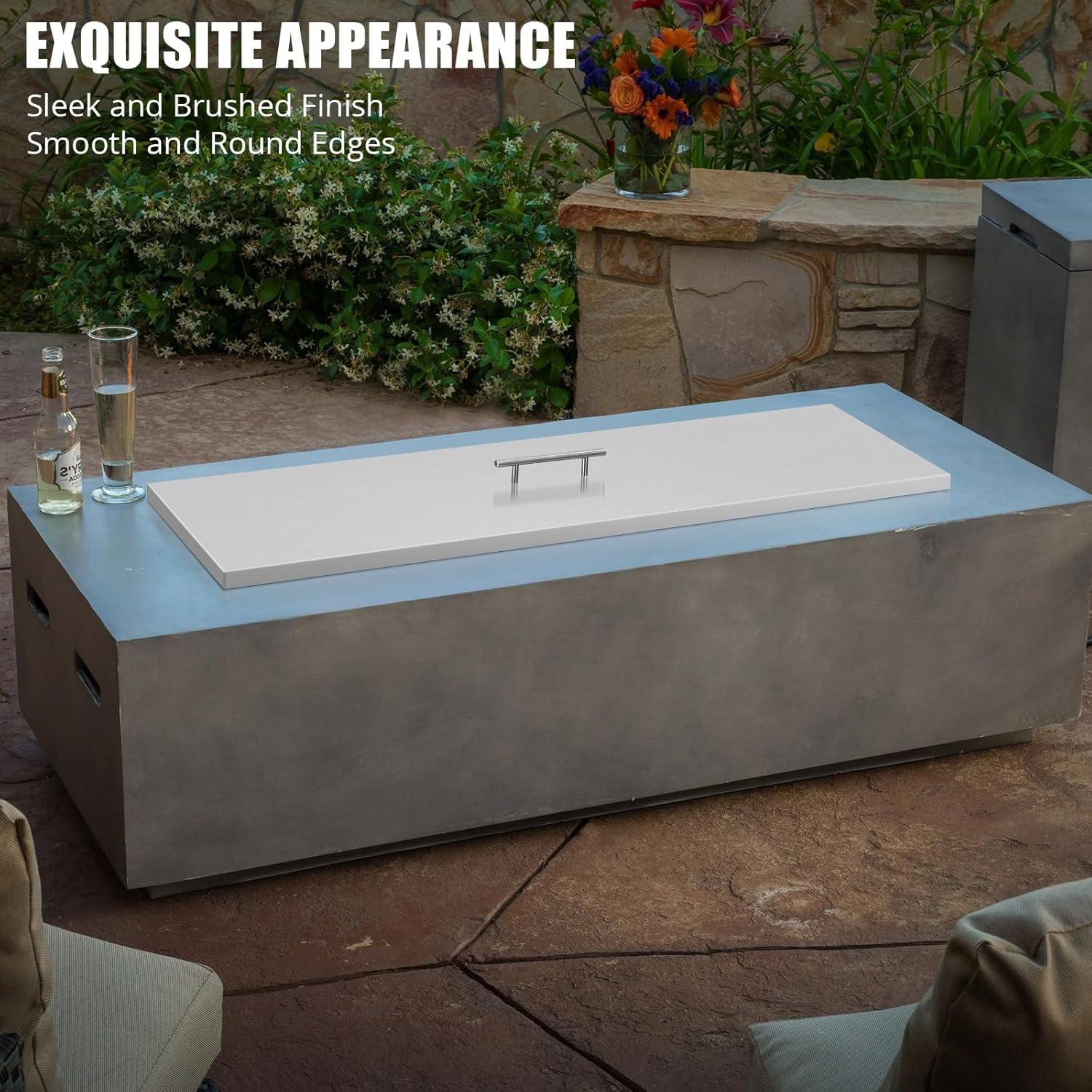 GarveeLife Stainless Steel Fire Pit Cover – 51 x 17 Inch Rectangular Metal Fire Pit Cover, Fits 48 x 14 Inch Fire Pit Fire Pit, Carrying Handle, Heat Resistant Fire Pit Burner Cover for Outdoor Patio