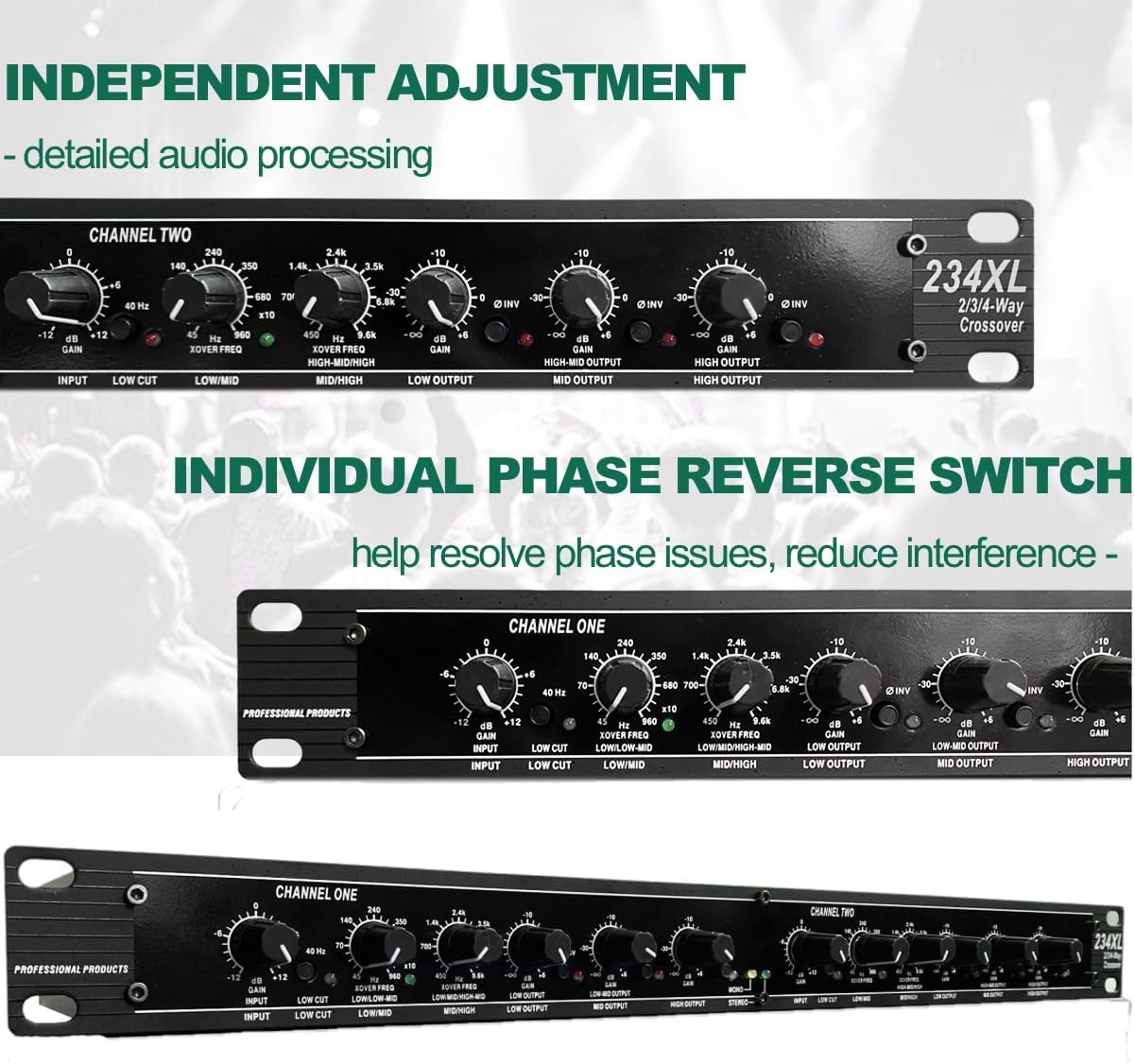 Professional Audio Crossover, 2-Way 3-Way Stereo 4 Way Mono Crossover Audio Sound Processing Crossover for PA System Stage Performance, XLR Input Output and Subwoofer (234XL)