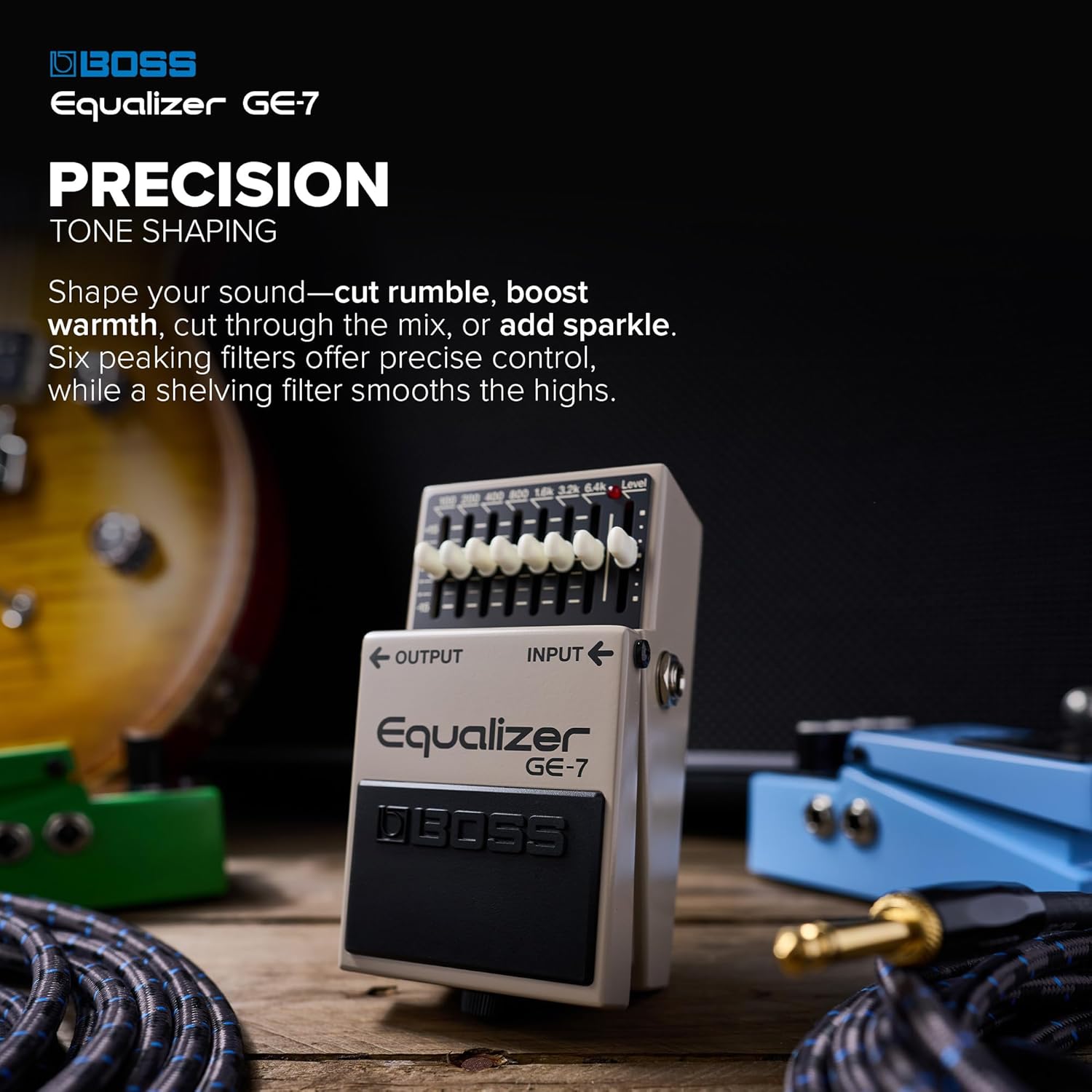 BOSS GE-7 Equalizer | Compact Graphic Equalizer Pedal | Tailored for Guitarists | 7 Bands of EQ Sliders | Guitar-Optimized Frequencies | ±15dB Boost/Cut Per Band | Level Slider for Volume Adjustments