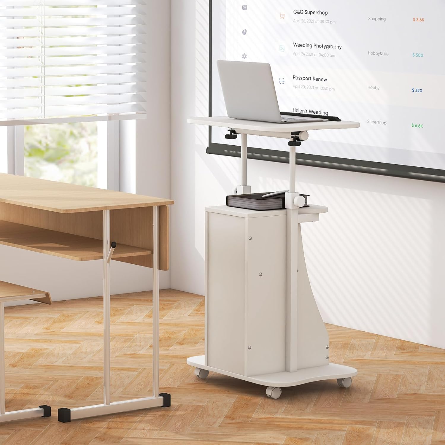Tangkula Mobile Lectern Podium, Height Adjustable Podium Stand, Standing Sit-to-Stand Desk, Rolling Cart Laptop Desk with Swivel Top Movable Wheels & Storage