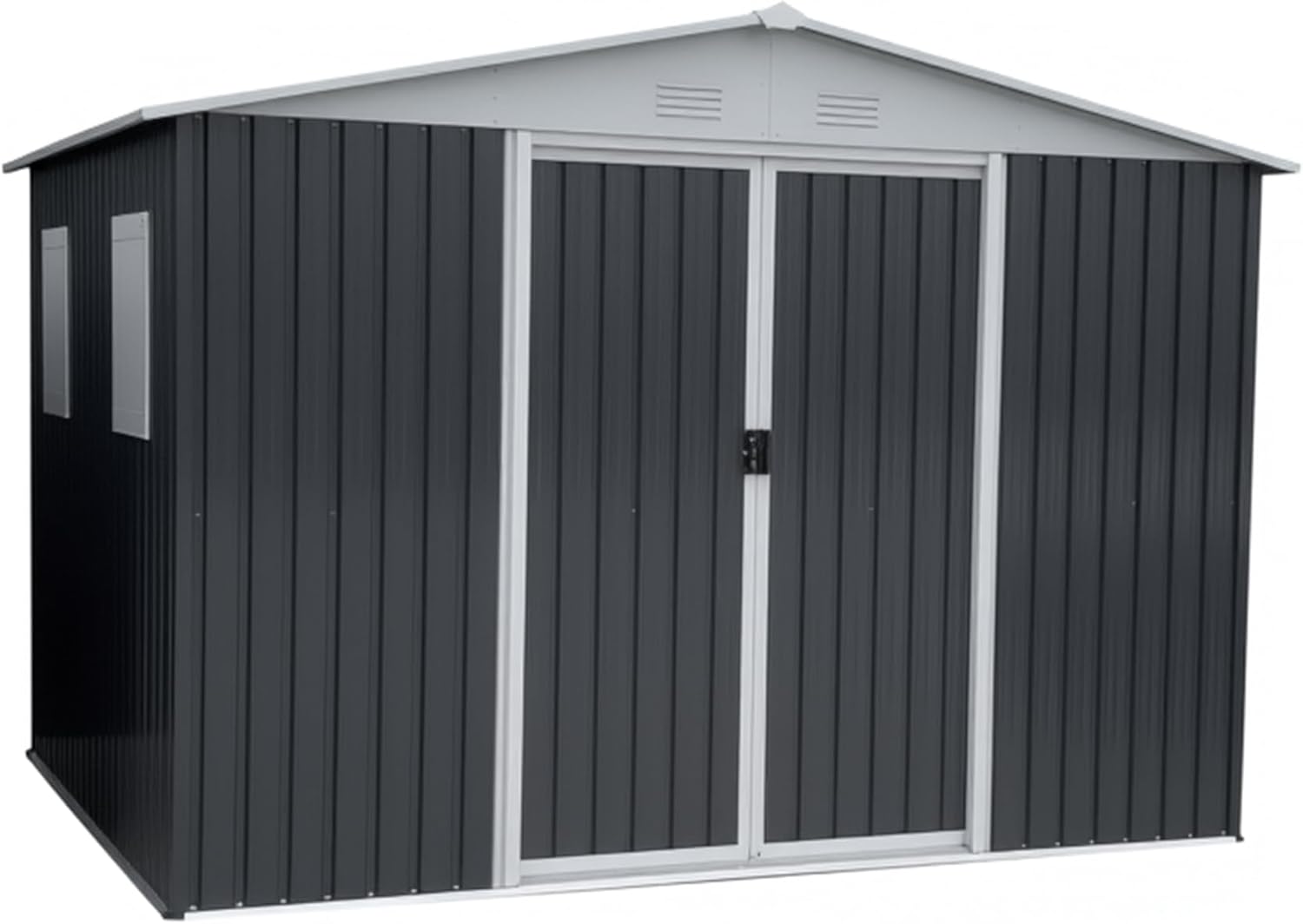 Outdoor Storage Shed, Grey Metal, 12x10 Ft, 4 Windows, Aluminum Alloy Frame, Garden Tool House with Sliding Door, Apex Roof