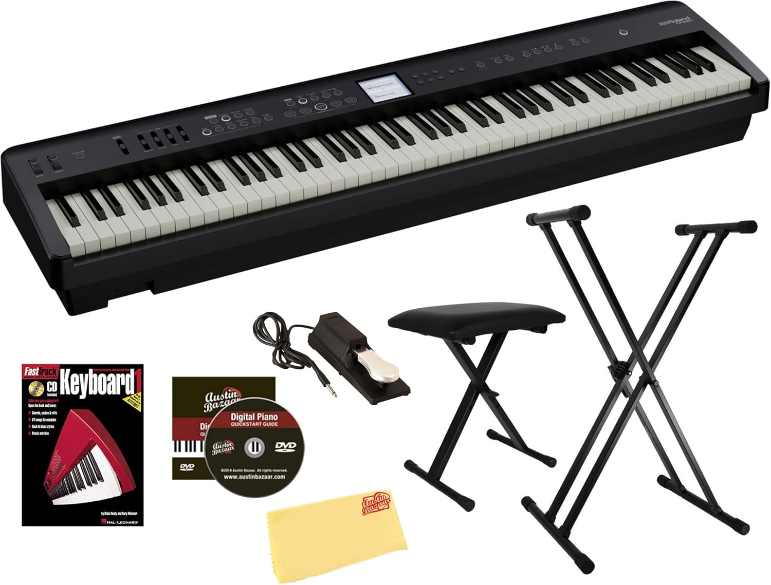Roland FP-E50 88-Key Digital Piano - Black Bundle with Adjustable Stand, Bench, Deluxe Sustain Pedal, Piano Book, Online Piano Lessons, Instructional DVD, and Austin Bazaar Polishing Cloth