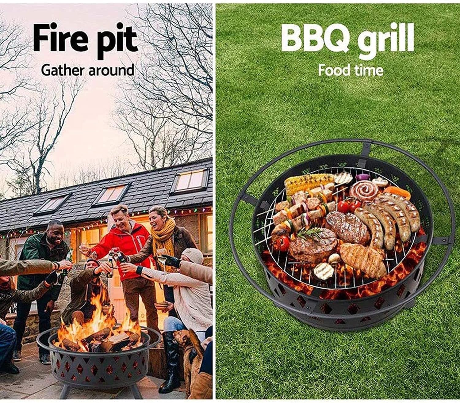 32 Inch Large Fire Pit, Crossweave Outdoor Fire Pit Round Fire Pit with Grid Poker Patio Bonfire BBQ Grill Firepit for Backyard Garden Camping