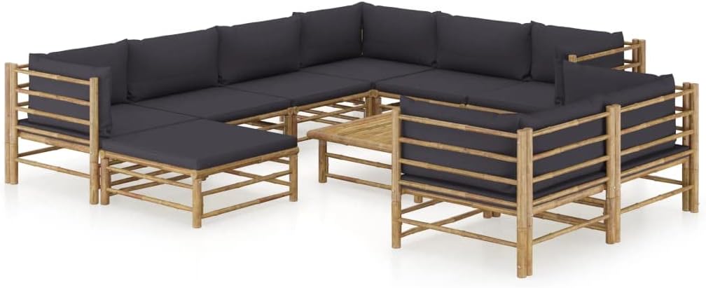 10 Piece Patio Lounge Set with Dark Gray Cushions Bamboo,Relaxing Bamboo Patio Lounge Set with Washable Cushions for Outdoor Living Patio Furniture Sets, Outdoor Furniture Sets