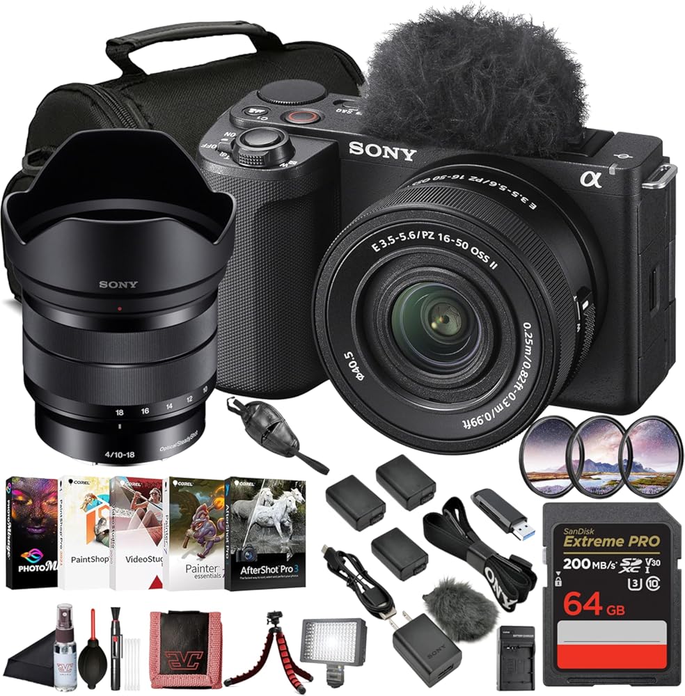 Sony ZV-E10 II Mirrorless Vlogging Camera Kit with 16–50 mm OSS Lens (ZVE10M2KB) – 26 MP APS-C Sensor | Sony E 10-18mm Lens, 64GB Memory Card, Filter Kit, Bag, 2 x NP-FZ100 Battery and More