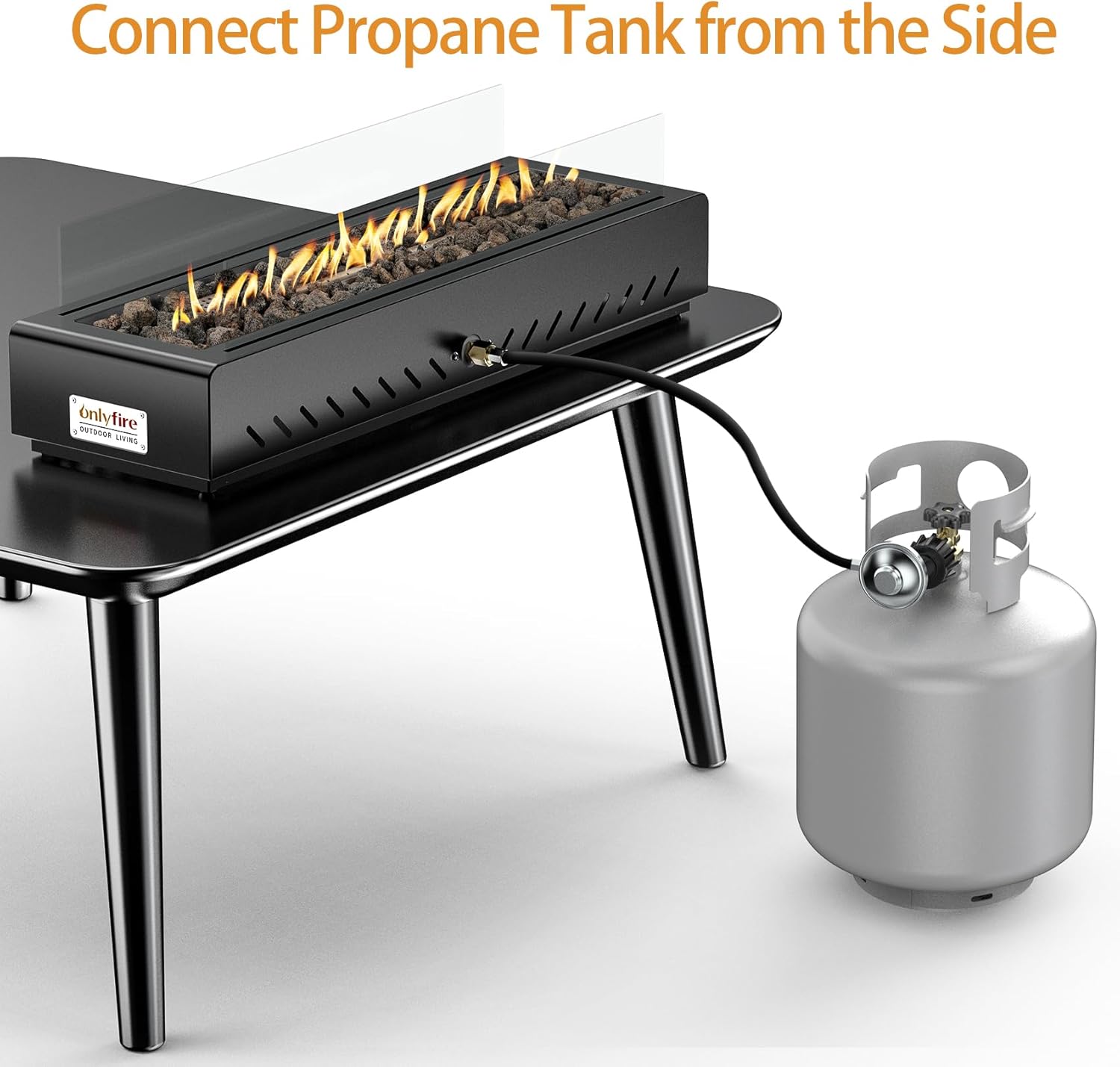 ONLYFIRE OUTDOOR LIVING Propane Gas Fire Pit Side-Mounted with Glass Wind Guard & Lava Rocks, Portable Smokeless Gas Firepit for Patio Backyard Bonfire Tailgating RV Trip, 28