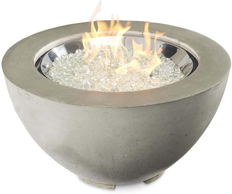 Outdoor GreatRoom Co Propane Fire Pit Table - Cove Gas Fire Pits for Outside Patio - 29 Inch Round Bowl Concrete Firepit Fire Table with Glass Tabletop Cover, Tempered Clear Glass Gems, 80,000 BTU