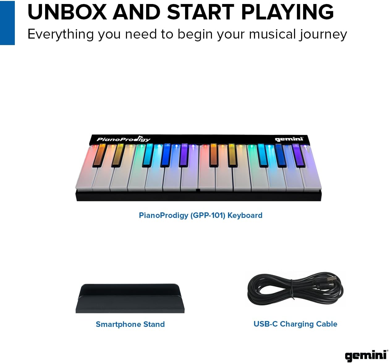 Gemini Sound PianoProdigy 24 Light-Up Keys Bluetooth MIDI Learning Keyboard – Wireless Controller for iOS/Android App (No Built-In Speakers, App Required)