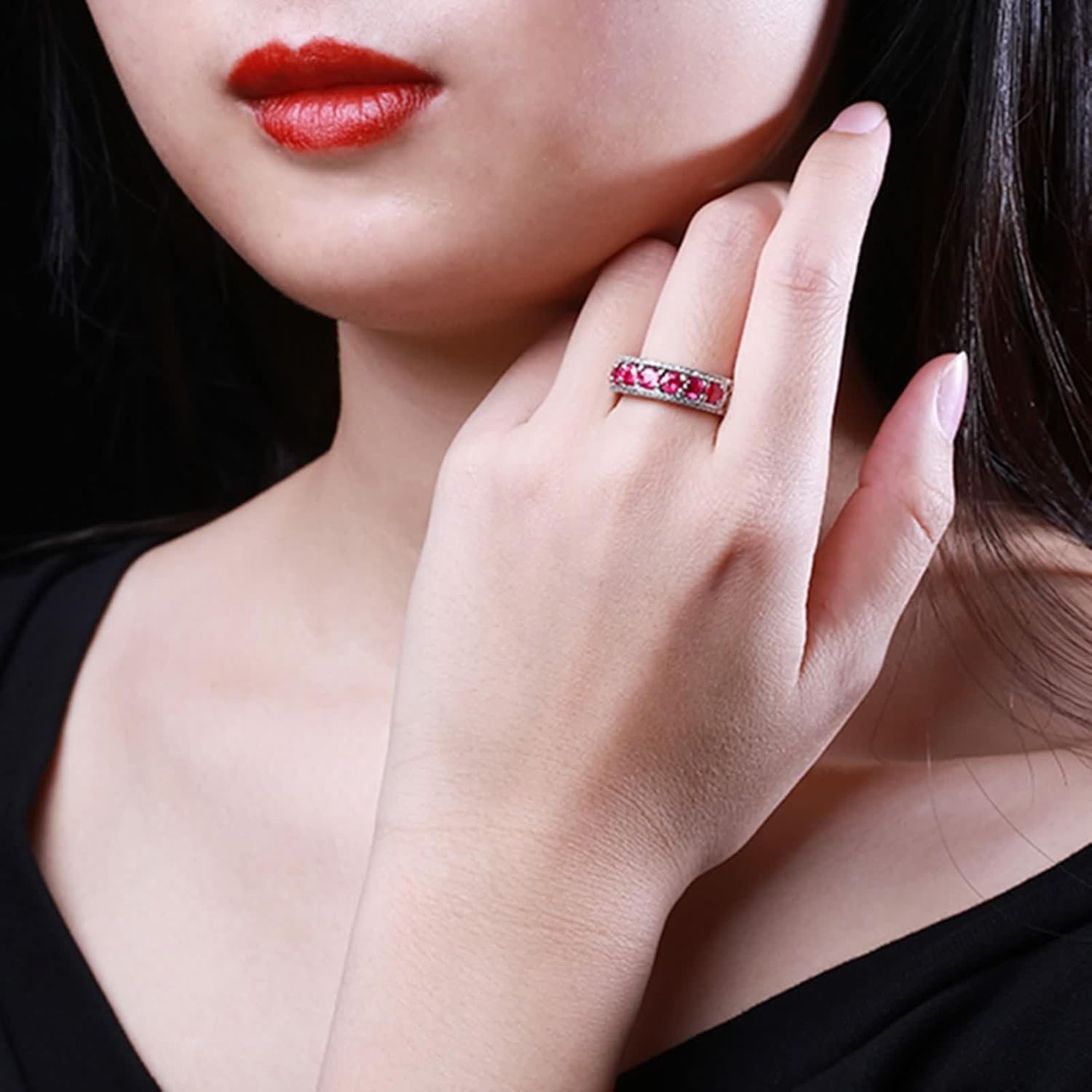 18K White Gold Ring Wedding Band, Women's Rings Lab Created Ruby Drill Row White Gold Jewelry with Moissanite for Engagement